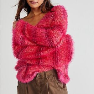 Free People Fuzzy V-Neck Sweater in Bright Pink